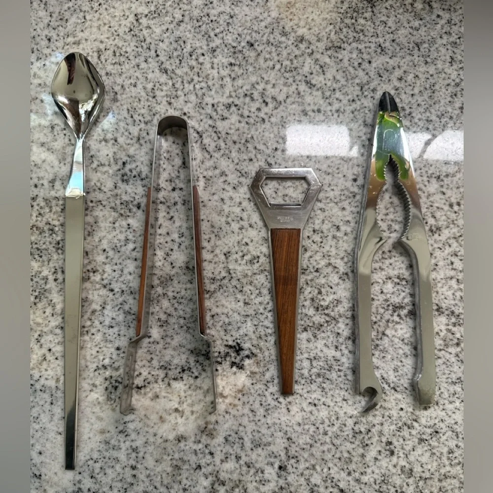 Vintage Mid Century Stainless Steel Cocktail Bar Tool Set Wood Handle MCM‎